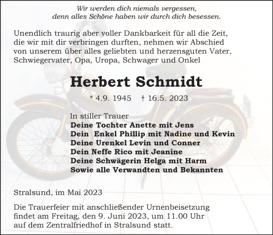 Traueranzeige von Herbert Schmidt von Ostsee-Zeitung GmbH