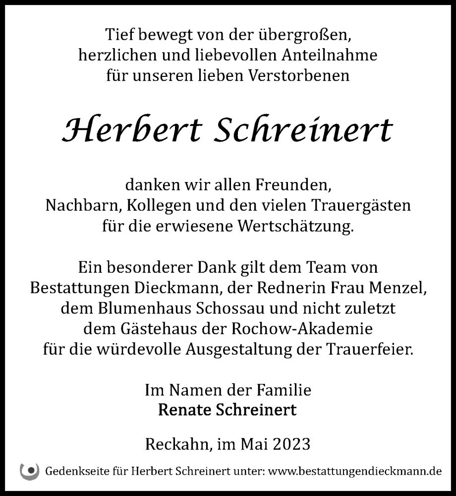  Traueranzeige für Herbert Schreinert vom 20.05.2023 aus Märkischen Allgemeine Zeitung