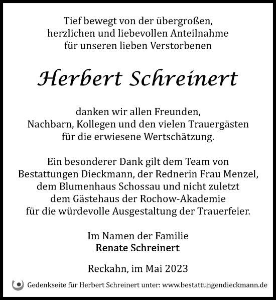 Traueranzeige von Herbert Schreinert von Märkischen Allgemeine Zeitung