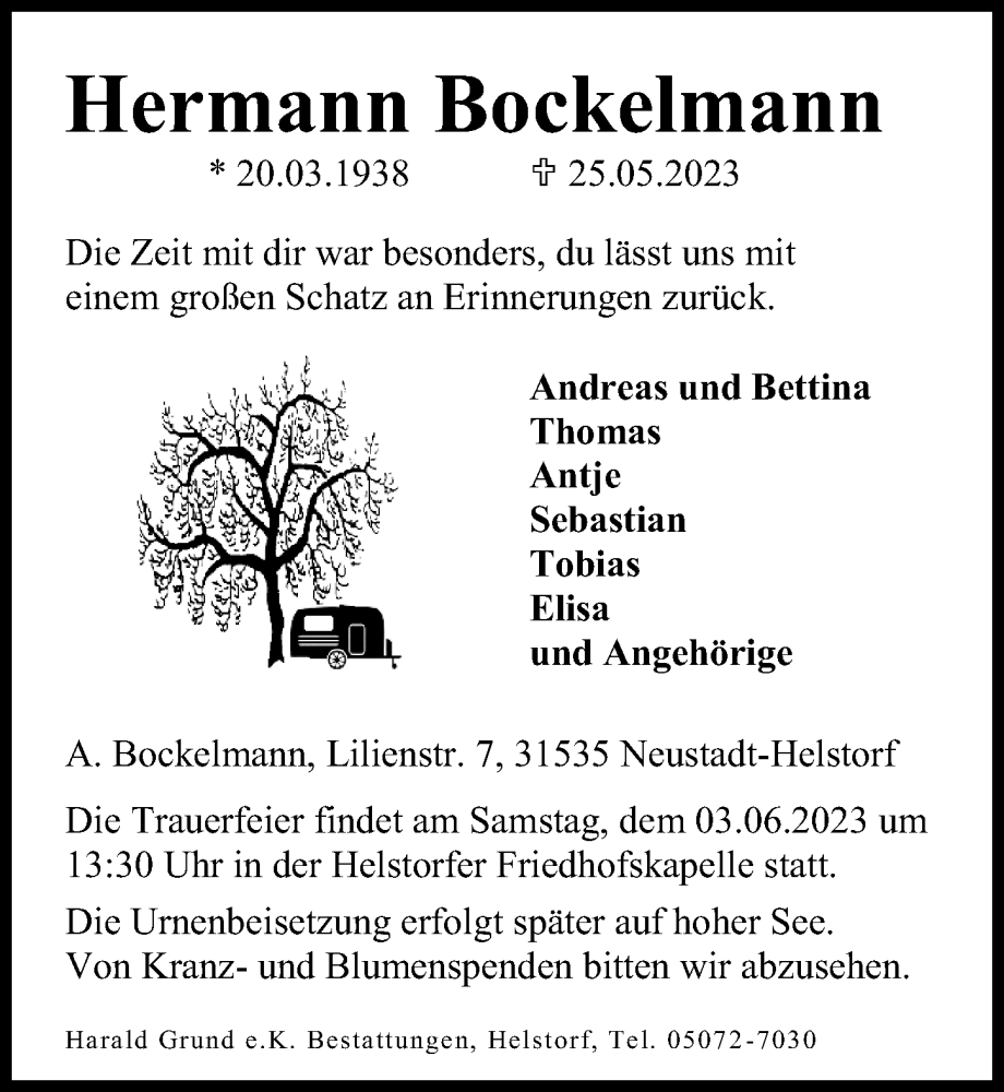  Traueranzeige für Hermann Bockelmann vom 31.05.2023 aus Hannoversche Allgemeine Zeitung/Neue Presse