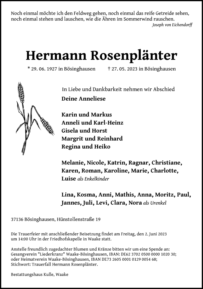  Traueranzeige für Hermann Rosenplänter vom 31.05.2023 aus Göttinger Tageblatt
