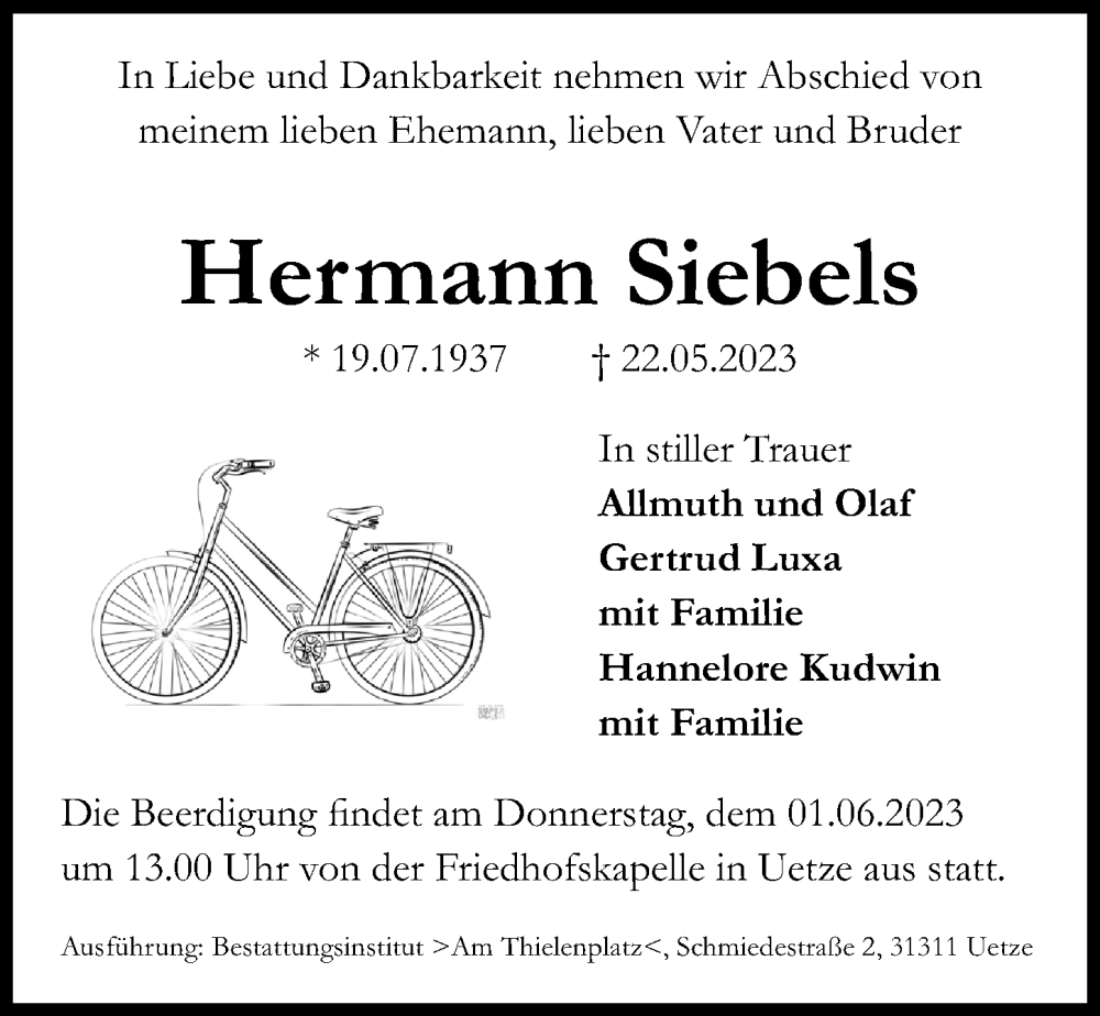 Traueranzeige für Hermann Siebels vom 27.05.2023 aus Hannoversche Allgemeine Zeitung/Neue Presse