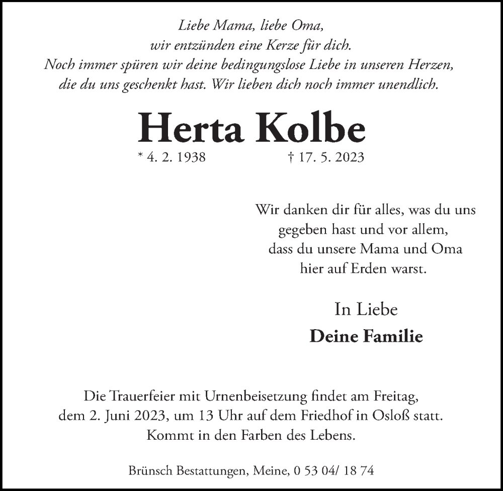  Traueranzeige für Herta Kolbe vom 23.05.2023 aus Aller Zeitung