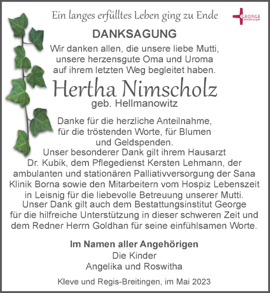 Traueranzeige von Hertha Nimscholz von Leipziger Volkszeitung