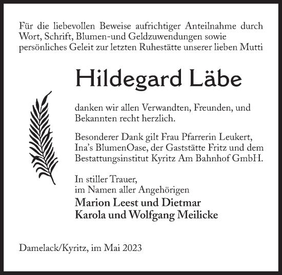 Traueranzeige von Hildegard Läbe von Märkischen Allgemeine Zeitung