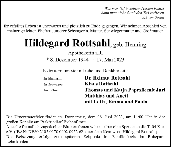 Traueranzeige von Hildegard Rottsahl von Kieler Nachrichten