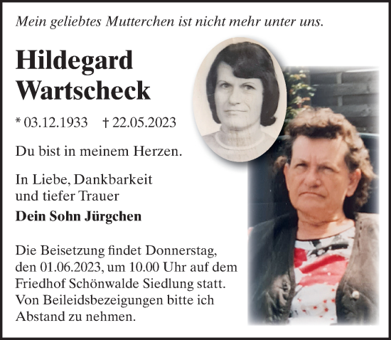 Traueranzeige von Hildegard Wartscheck von Märkischen Allgemeine Zeitung