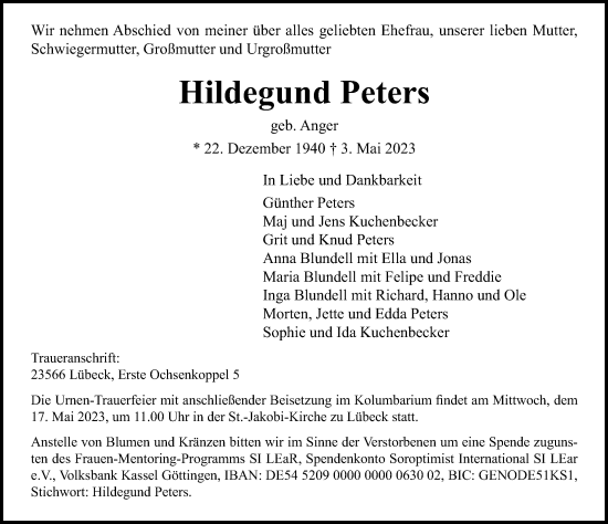 Traueranzeige von Hildegund Peters von Lübecker Nachrichten