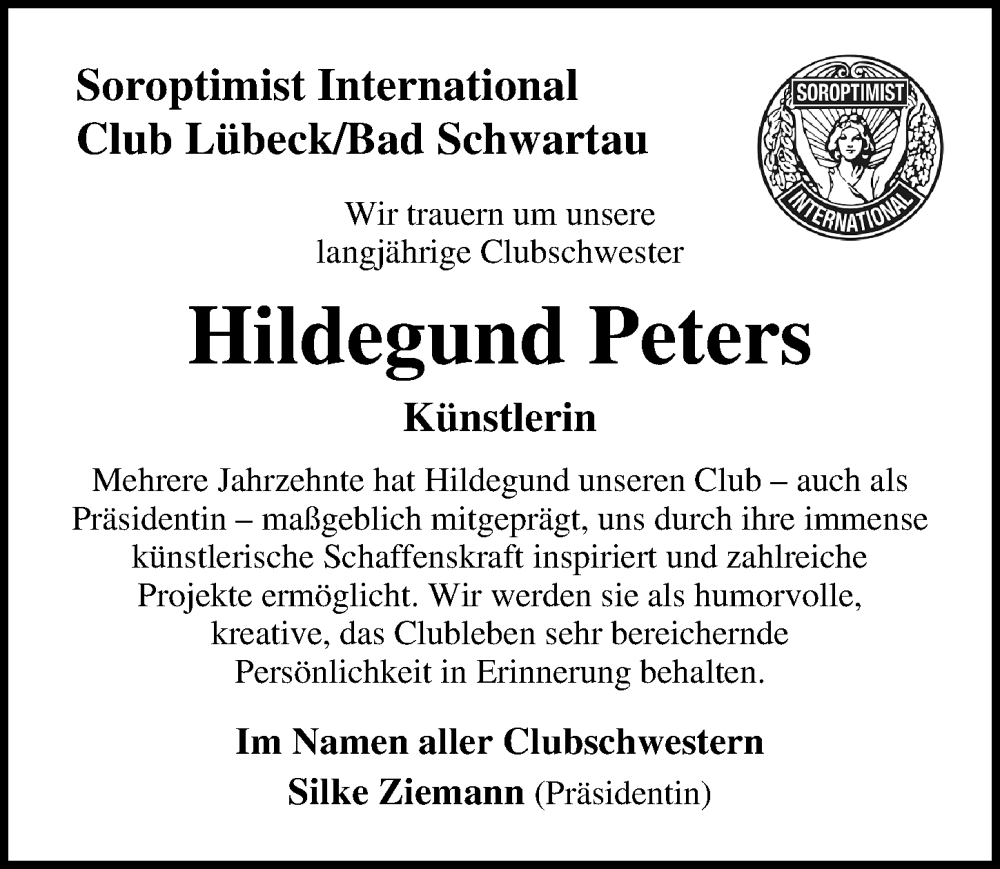  Traueranzeige für Hildegund Peters vom 14.05.2023 aus Lübecker Nachrichten