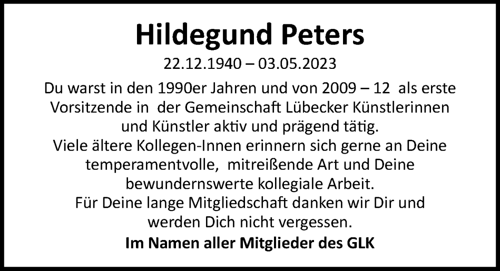  Traueranzeige für Hildegund Peters vom 14.05.2023 aus Lübecker Nachrichten