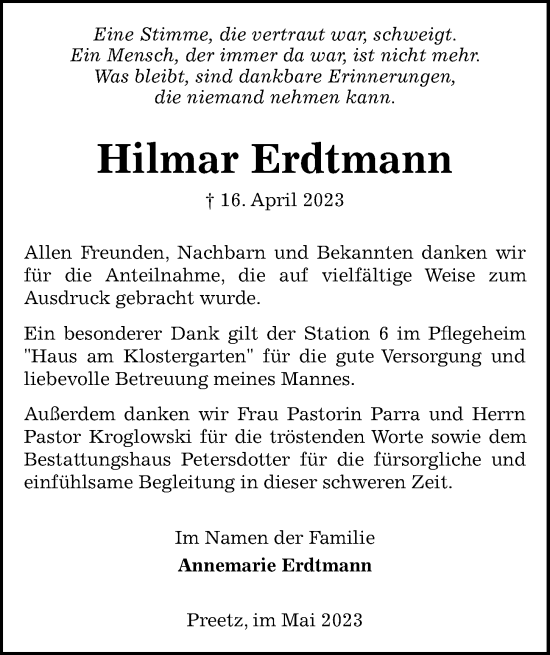 Traueranzeige von Hilmar Erdtmann von Kieler Nachrichten