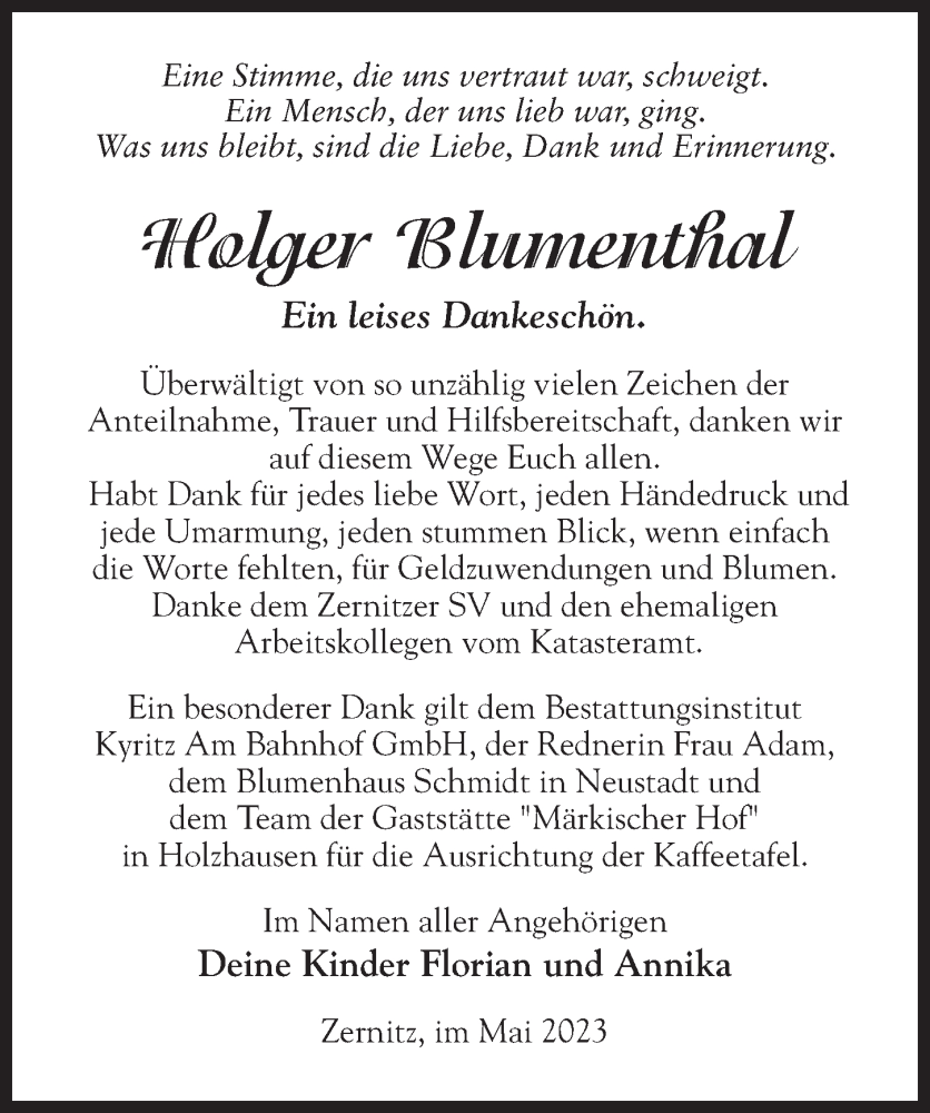  Traueranzeige für Holger Blumenthal vom 27.05.2023 aus Märkischen Allgemeine Zeitung