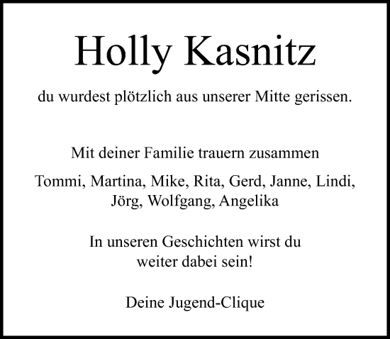 Traueranzeige von Holly Kasnitz von Lübecker Nachrichten