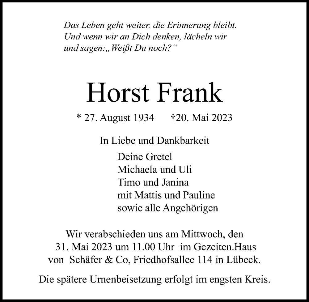  Traueranzeige für Horst Frank vom 28.05.2023 aus Lübecker Nachrichten