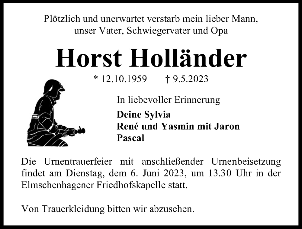  Traueranzeige für Horst Holländer vom 27.05.2023 aus Kieler Nachrichten