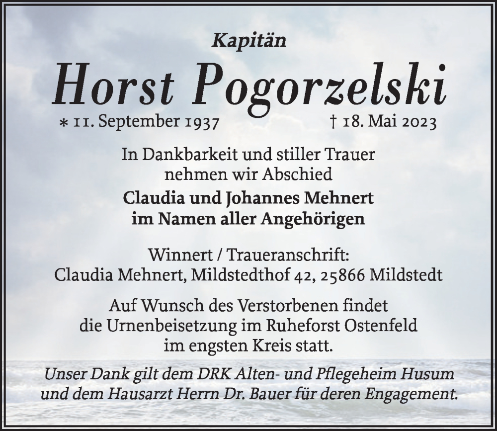  Traueranzeige für Horst Pogorzelski vom 24.05.2023 aus Kieler Nachrichten