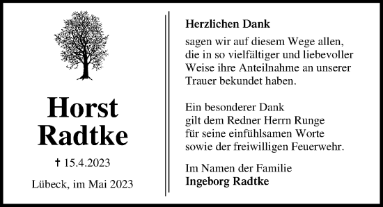 Traueranzeige von Horst Radtke von Lübecker Nachrichten
