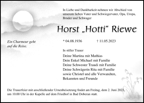 Traueranzeige von Horst Riewe von Ostsee-Zeitung GmbH