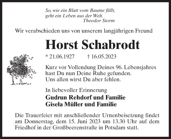 Traueranzeige von Horst Schabrodt von Märkischen Allgemeine Zeitung