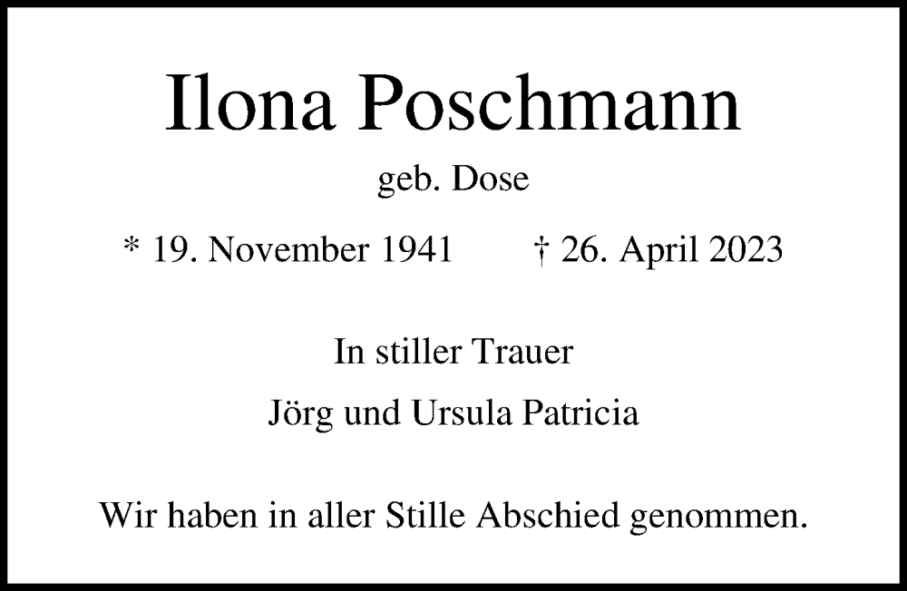  Traueranzeige für Ilona Poschmann vom 30.04.2023 aus Lübecker Nachrichten