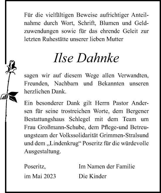 Traueranzeige von Ilse Dahnke von Ostsee-Zeitung GmbH