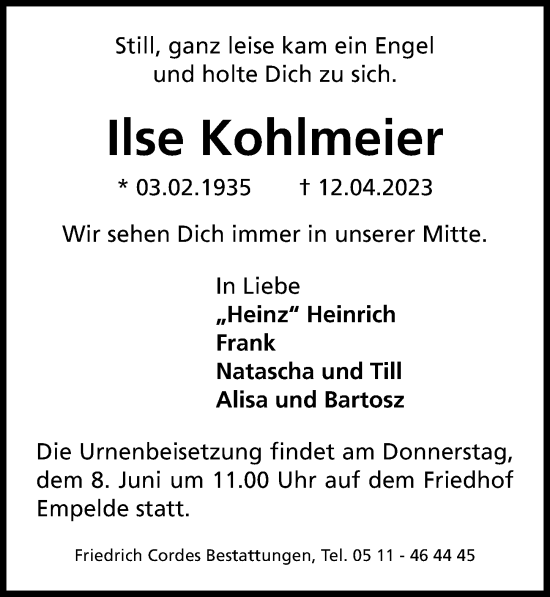 Traueranzeige von Ilse Kohlmeier von Hannoversche Allgemeine Zeitung/Neue Presse