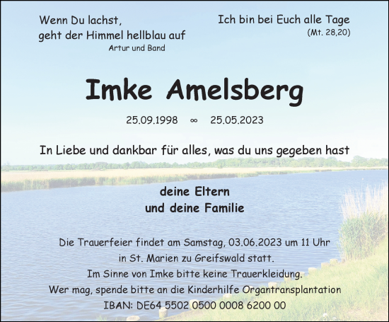Traueranzeige von Imke Amelsberg von Ostsee-Zeitung GmbH