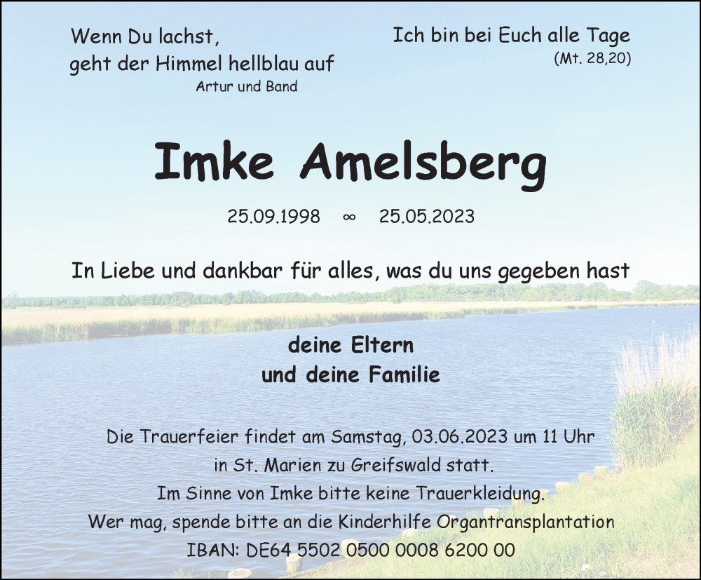 Traueranzeige für Imke Amelsberg vom 31.05.2023 aus Ostsee-Zeitung GmbH