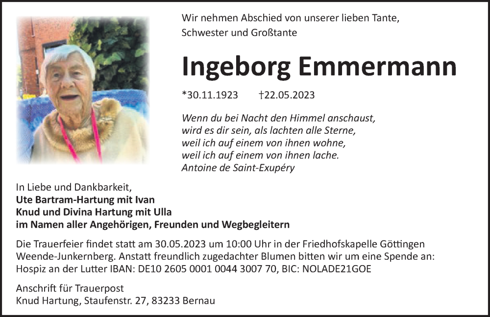  Traueranzeige für Ingeborg Emmermann vom 27.05.2023 aus Göttinger Tageblatt