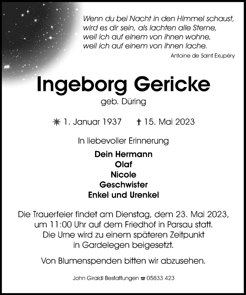  Traueranzeige für Ingeborg Gericke vom 19.05.2023 aus Aller Zeitung
