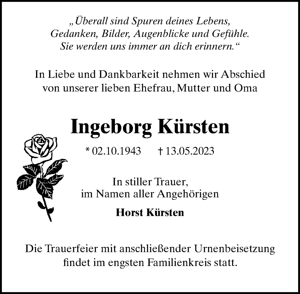  Traueranzeige für Ingeborg Kürsten vom 27.05.2023 aus Märkischen Allgemeine Zeitung