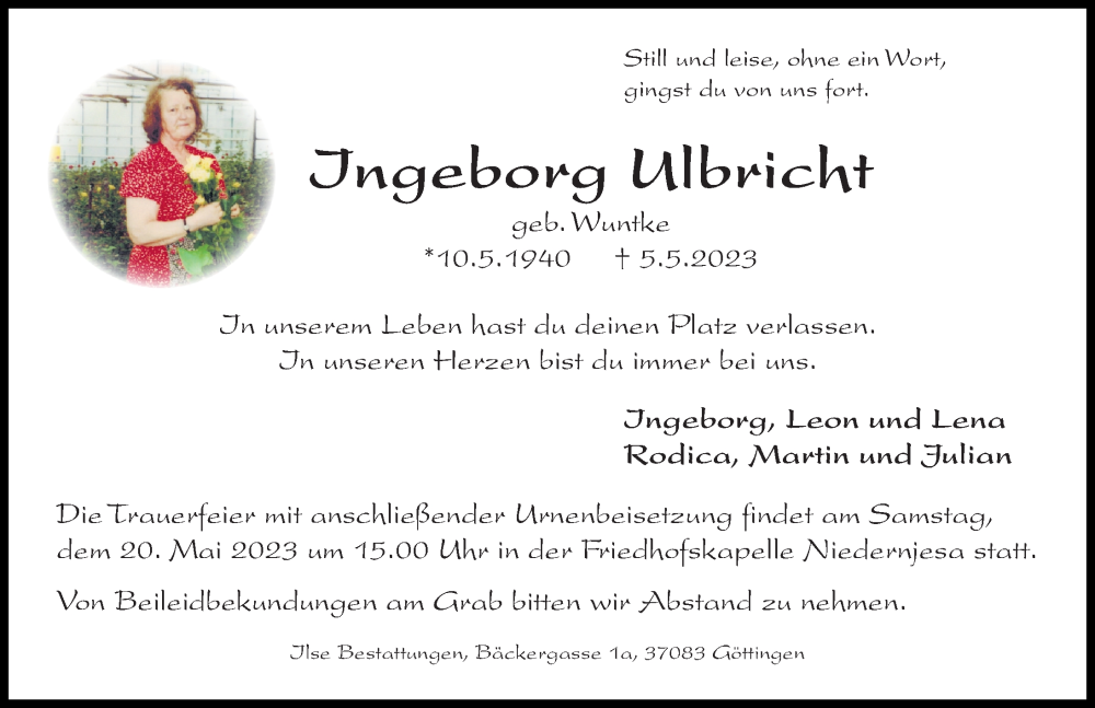  Traueranzeige für Ingeborg Ulbricht vom 17.05.2023 aus Göttinger Tageblatt