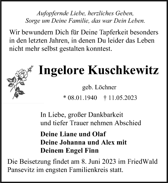 Traueranzeige von Ingelore Kuschkewitz von Ostsee-Zeitung GmbH
