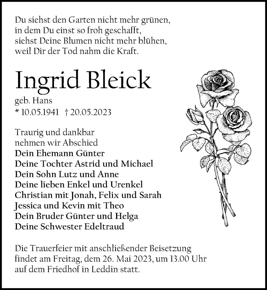  Traueranzeige für Ingrid Bleick vom 23.05.2023 aus Märkischen Allgemeine Zeitung