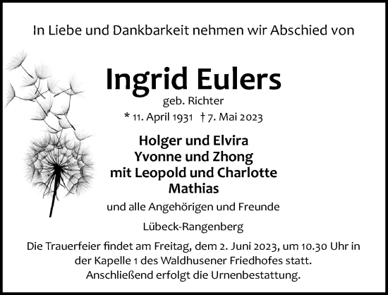 Traueranzeige von Ingrid Eulers von Lübecker Nachrichten