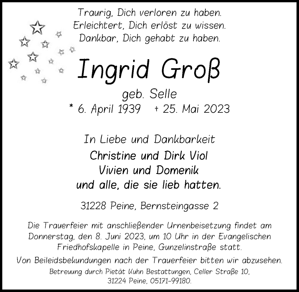  Traueranzeige für Ingrid Groß vom 27.05.2023 aus Peiner Allgemeine Zeitung
