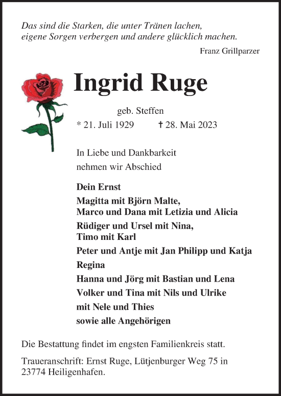 Traueranzeige von Ingrid Ruge von Lübecker Nachrichten