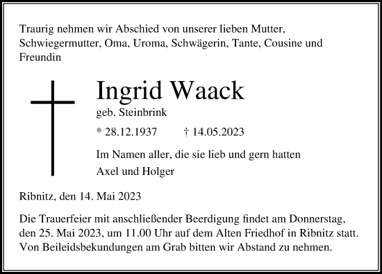 Traueranzeige von Ingrid Waack von Ostsee-Zeitung GmbH