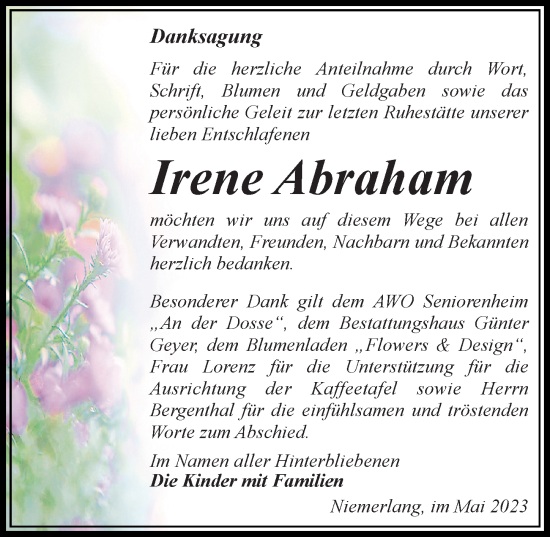 Traueranzeige von Irene Abraham von Märkischen Allgemeine Zeitung
