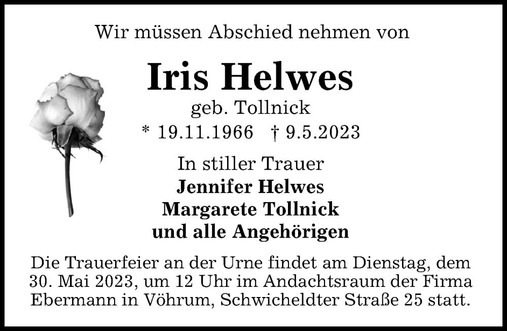  Traueranzeige für Iris Helwes vom 20.05.2023 aus Peiner Allgemeine Zeitung