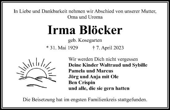 Traueranzeige von Irma Blöcker von Lübecker Nachrichten