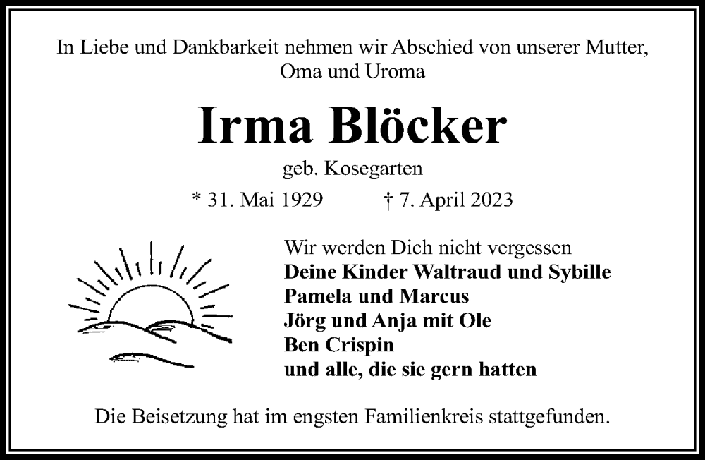  Traueranzeige für Irma Blöcker vom 30.04.2023 aus Lübecker Nachrichten