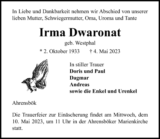 Traueranzeige von Irma Dwaronat von Lübecker Nachrichten