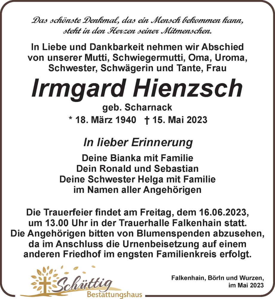  Traueranzeige für Irmgard Hienzsch vom 20.05.2023 aus Leipziger Volkszeitung