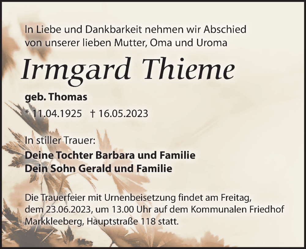  Traueranzeige für Irmgard Thieme vom 27.05.2023 aus Leipziger Volkszeitung
