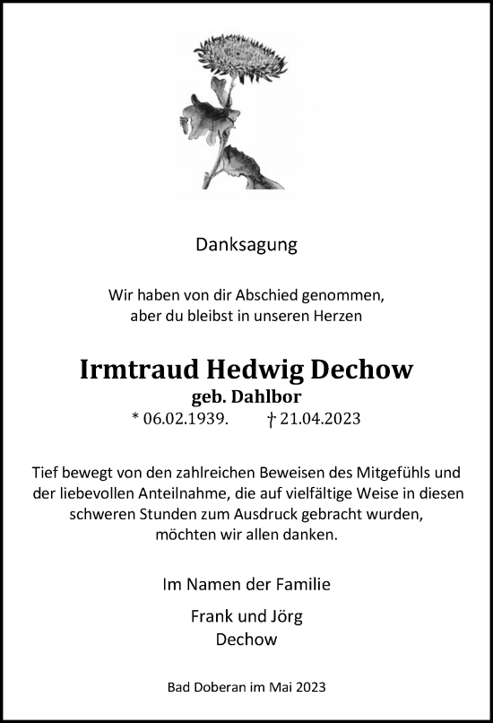 Traueranzeige von Irmtraud Hedwig Dechow von Ostsee-Zeitung GmbH