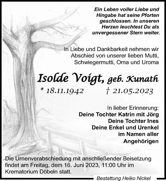 Traueranzeige von Isolde Voigt von Leipziger Volkszeitung