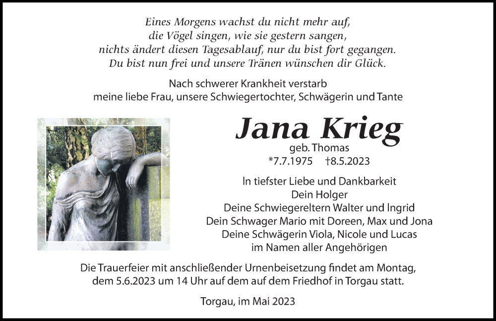  Traueranzeige für Jana Krieg vom 20.05.2023 aus Torgauer Zeitung