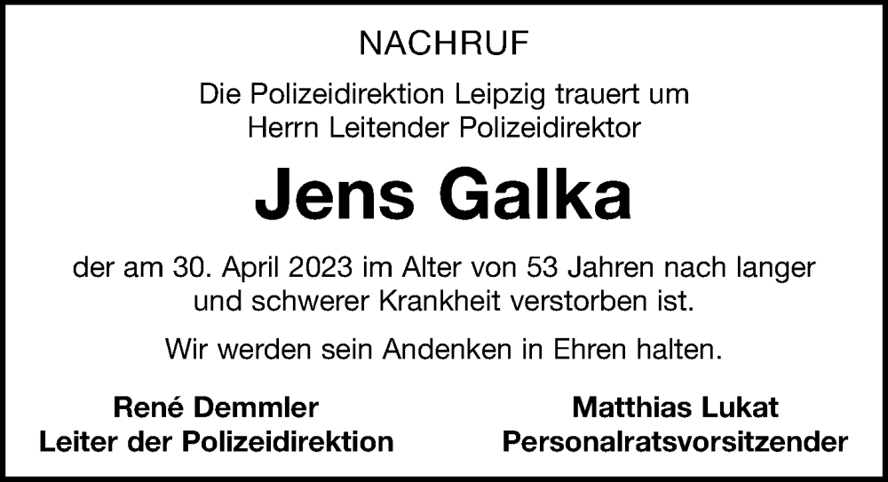  Traueranzeige für Jens Galka vom 20.05.2023 aus Leipziger Volkszeitung