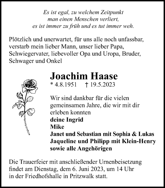 Traueranzeige von Joachim Haase von Märkischen Allgemeine Zeitung